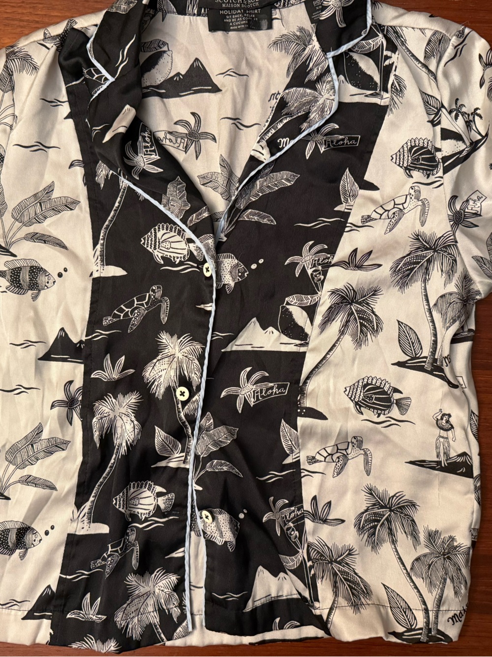Black & White Tropical Print Satin Cabana Set. Shirt and Shorts